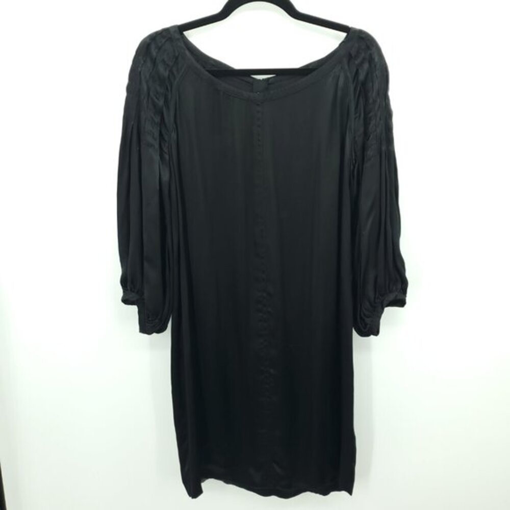 Prada Satin Pleated-Bodice Shift-Style Mini Dress 3/4 Sleeves 42 IT/8 US Black